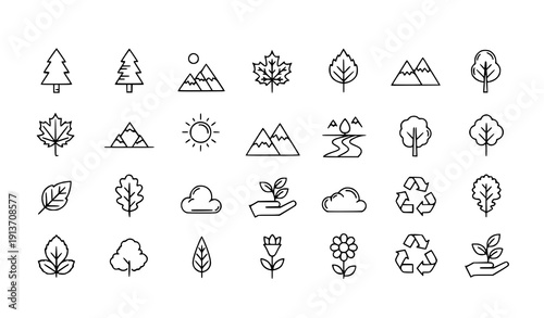 Nature Line Art Icon Set Monochrome Vector Collection