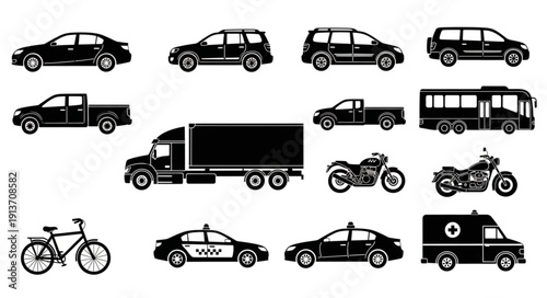 Collection of various vehicle silhouettes for transportation and industry.