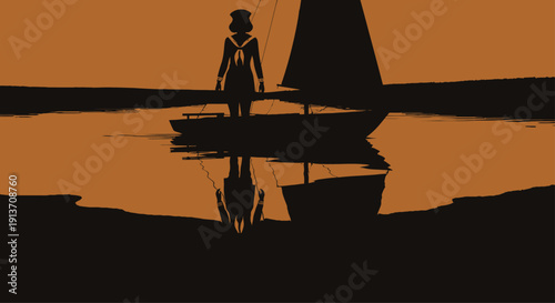 A detailed silhouette of a woman in a classic sailor suit, sailing on a calm, reflective lake at dusk