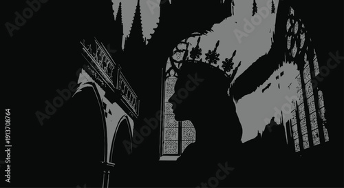 A dramatic silhouette of a woman wearing a jeweled crown, standing in a grand gothic castle.