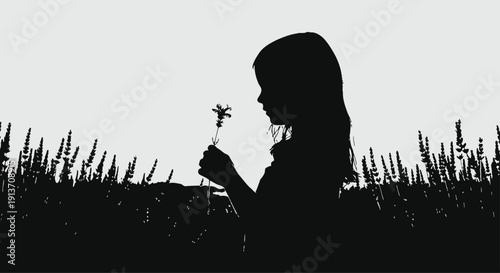 a simple silhouette of a young girl holding a single, vibrant purple flower in a field of lavender, soft lighting, dreamy atmosphere, high contrast, no colors other than black and white. Sharp edges, 