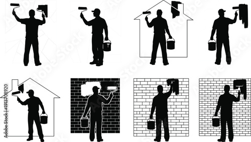 Silhouettes of workers painting walls with rollers, holding buckets, home improvement concept, construction labor, renovation activity, vector illustration design