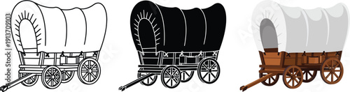 Collection of covered wagon illustrations including line art silhouette and full color representing historical travel and Western expansion