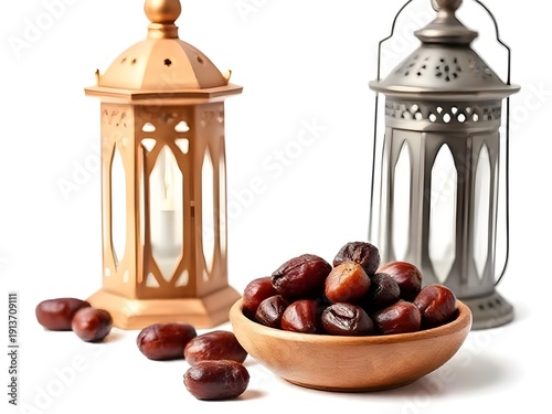 Two decorative lanterns flank a small dish of dates.
