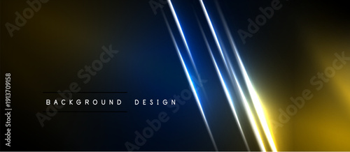 Dark abstract background. Diagonal lines create dynamic glow effect. Gold, blue hues dominate composition. Modern design element.