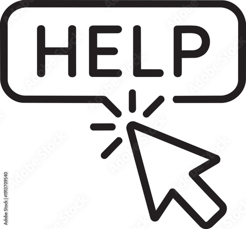Interactive help vector line icon of a cursor clicking a button with the word help for online support