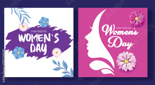 International women’s day 8 march social media posts with silhouette floral backgrounds square ads flier flyer poster promo designs banner web banner illustrations and creative graphics