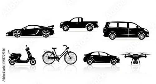 Collection of various vehicles and modes of transportation.