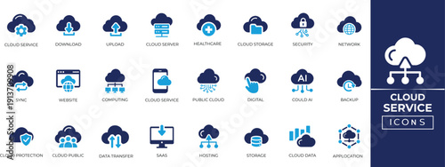 Cloud Services solid icon set. Icons of storage, backup, hosting, security, data transfer, network, connect, security, PaaS, IaaS, cloud computing platform and more
