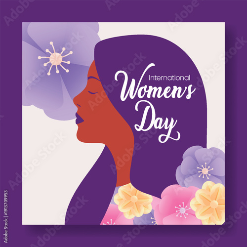 Beautiful women’s day 8 march social media posts with silhouette floral backgrounds square ads flier flyer poster promo designs banner web banner illustrations with serene female portrait