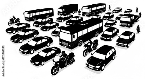Collection of various vehicles and people illustration.