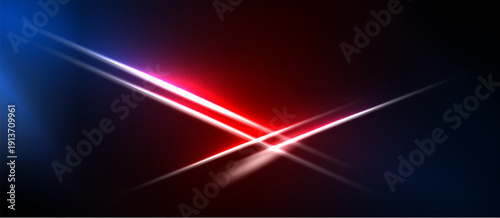 Abstract background features bright red, blue light streaks crossing dark space. Vivid colors create dynamic visual effect.