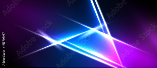 Abstract neon lines intersect, creating bright triangular shapes. Vivid purple, blue hues dominate dark background. Modern digital art.