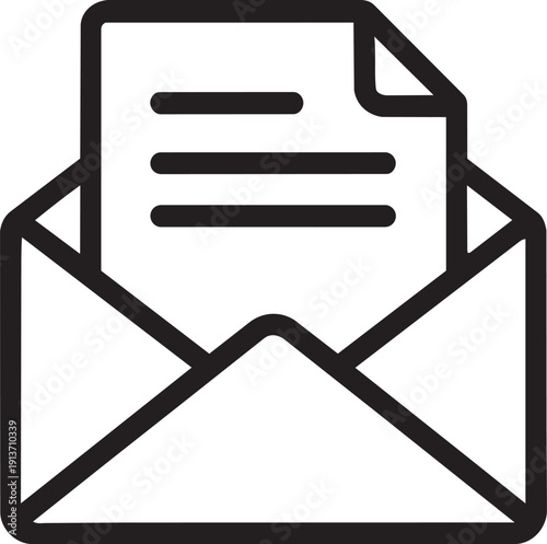 Correspondence vector line icon of an open envelope with a document representing email and letters