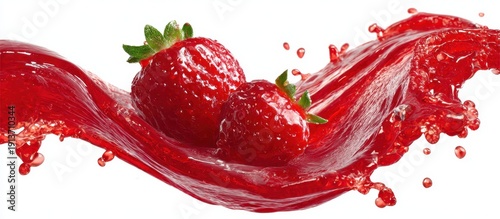 Ripe red strawberries floating in a vibrant splash of rich red juice on white