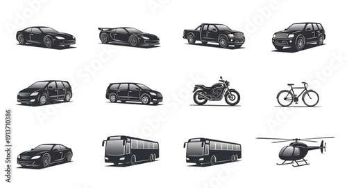 Collection of various vehicles including cars motorcycles and helicopter.
