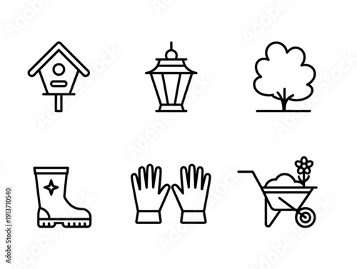 Set of six minimalist line art icons, featuring birdhouse, lantern, tree, rubber boot, gloves, and wheelbarrow