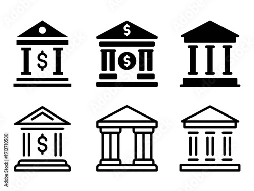 Set of six minimalist icons, featuring solid silhouette and line art bank building financial institution symbols