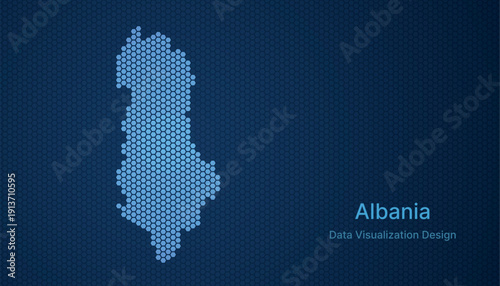 Albania map in hexagon grid style, abstract blue data background design.