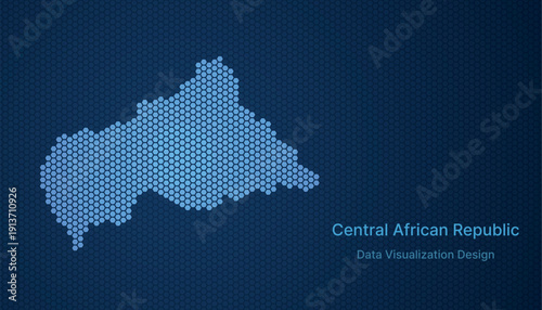Central African Republic map in hexagon grid style, abstract blue data background design.