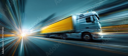 Long exposure truck driving fast with illuminating yellow trailer on highway at night