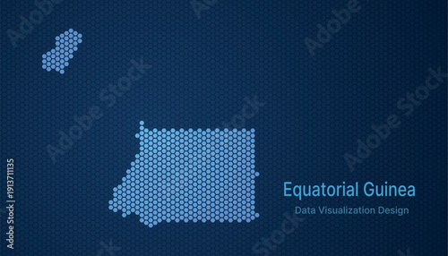 Equatorial Guinea map in hexagon grid style, abstract blue data background design.