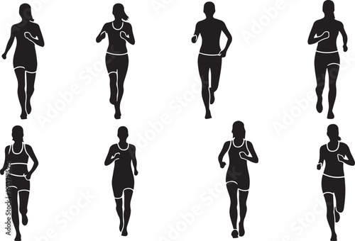 Eight black silhouette female runners in various poses on white background female runner silhouette running woman