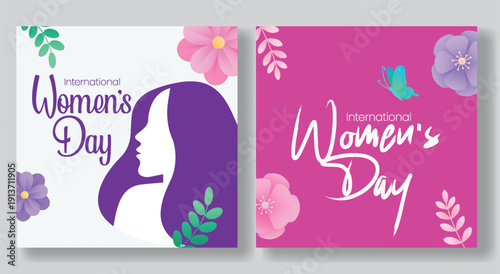 Minimalist 8 march women’s day celebrations social media posts with elegant women silhouette and floral elements, perfect for square ads flier poster promo designs