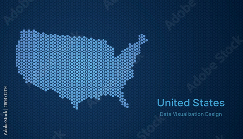 United States map in hexagon grid style, abstract blue data background design.