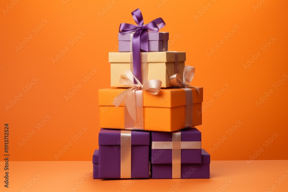 Fototapeta premium Stacked colorful gift boxes tied with ribbons celebrating special occasions