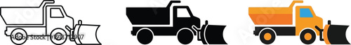 Collection of snow plow truck icons representing winter road maintenance and heavy machinery for transportation and construction themes isolated on white