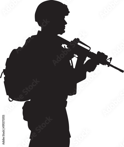 Armed military soldier vector silhouette illustration with backpack and rifle weapon gear