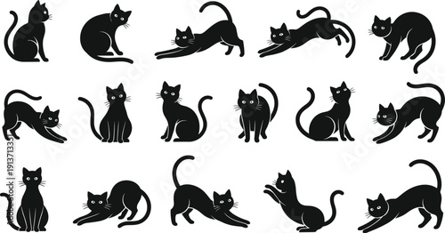 Large Set Of Black Cat Silhouettes In Various Poses Including Stretching Jumping Sitting And Walking For Pet Care Veterinary Services Animal Welfare Home Decor Or Feline Character Concept Vector