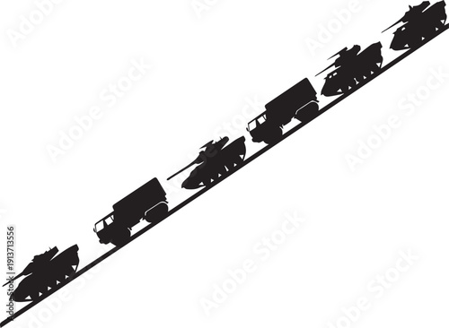 Military convoy silhouette vector illustration depicting line art of trucks and tanks row