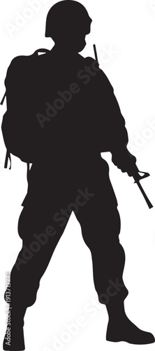 Soldier silhouette vector illustration of infantry man with backpack and weapon line art