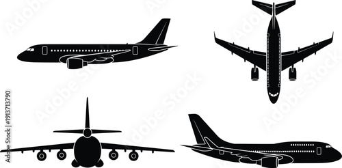 Set Of Black Airplane Silhouettes Featuring Modern Commercial Jets And Large Cargo Planes In Side Profile Top Down And Front Facing Views For Aviation Travel Logistics Or Global Transportation Concept