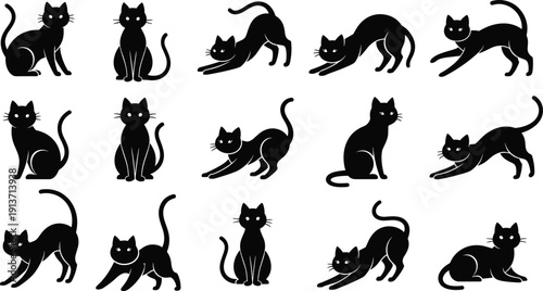 Set Of Black Cat Silhouettes In Various Poses Including Sitting Stretching And Arching Back For Halloween Mystery Pet Care Or Decorative Animal Pattern Concept Vector Illustration Isolated On White