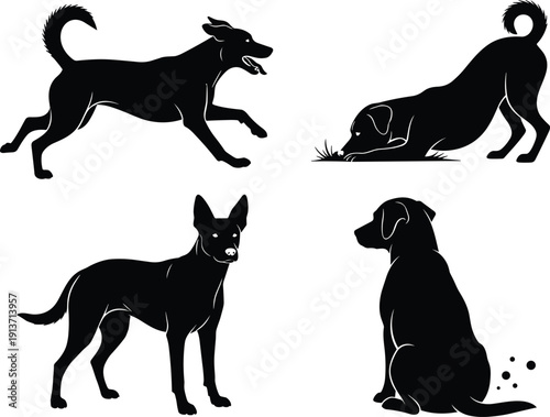 Set Of Black Dog Silhouettes In Natural Poses Including Running Playing Standing And Sitting For Pet Care Veterinary Services Animal Training Or Domestic Canine Breed Concept Vector Illustration 