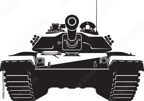 Battle tank front view vector silhouette illustration with cannon barrel and armored treads