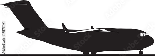 Military transport aircraft vector silhouette illustration with landing gear and tail fin