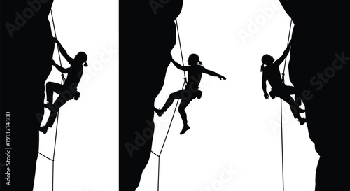 Set Of Black Silhouettes Of Professional Female Rock Climbers Scaling Steep Cliffs Using Ropes For Extreme Outdoor Sports Mountaineering Adventure Or Physical Fitness Concept Vector 