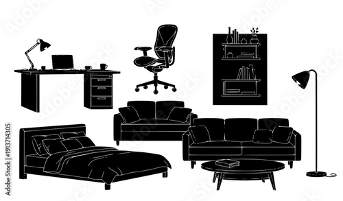 Interior Furniture Minimal Black Silhouette Vector Icons