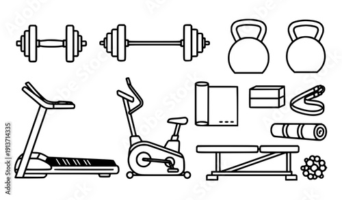 Minimal Gym Tools Black and White Line Vector Icon Pack