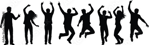 Set Of Black Silhouettes Of Happy People Jumping And Dancing In Celebration For Community Success Party Event Freedom Or Positive Lifestyle Concept Vector Illustration Isolated On White