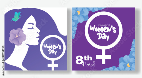 International women's day social media posts set with 8 march celebrations floral backgrounds and women silhouette square ads flier flyer poster promo designs banner web banner illustrations