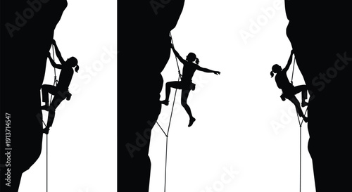 Set Of Black Silhouettes Of Professional Female Rock Climbers Scaling Steep Vertical Cliffs Using Safety Ropes For Extreme Outdoor Sports Mountaineering Adventure Or Physical Fitness Concept Vector