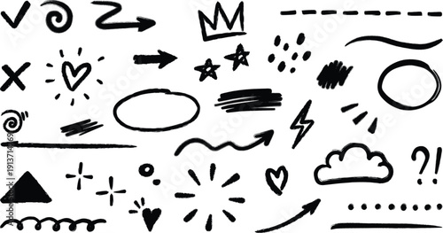 Collection of hand drawn symbols and icons