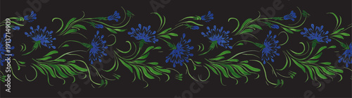 Vector floral seamless border pattern from hand painted blue carnation flowers on a black background