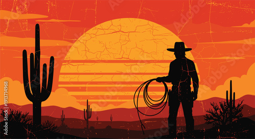Vintage Retro Cowboy Silhouette In Desert Landscape At Sunset With Saguaro Cactus And Lasso For Western Americana Texas Wild West Or Adventure Travel Concept Vector Illustration