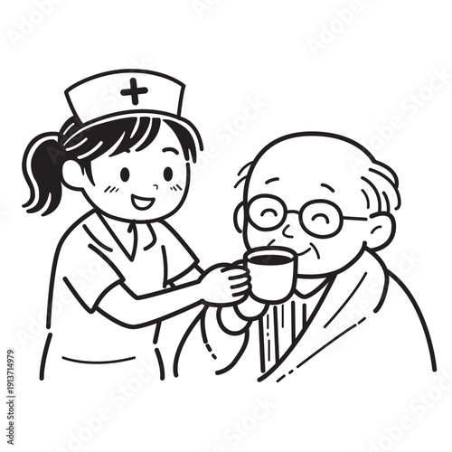 Nurse Caring for Elderly Man Drinking Tea – Senior Healthcare and Nursing Service Illustration